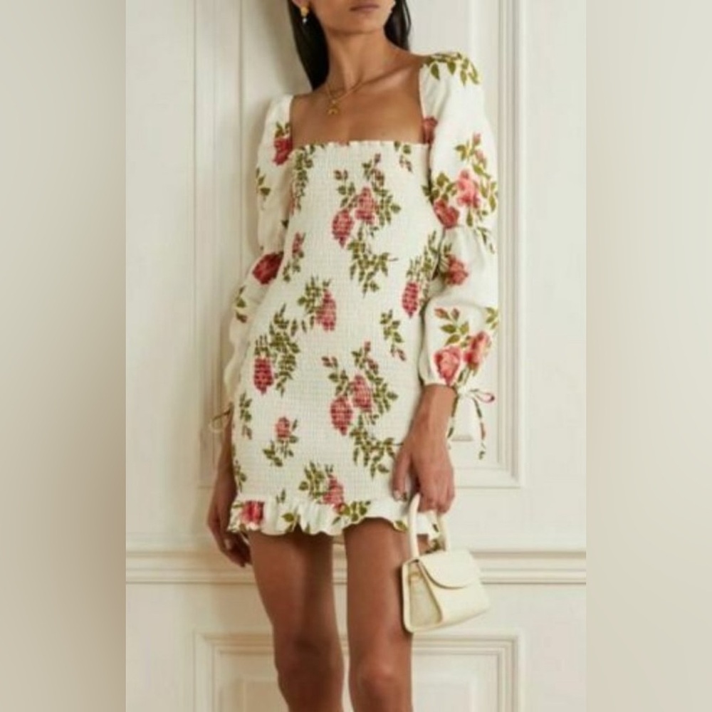 Reformation Hilary Linen Cream and Green Floral Mini Dress size small NWOT
